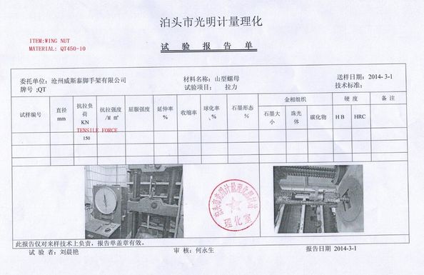 Chine Cangzhou Weisitai Scaffolding Co., Ltd. Certifications